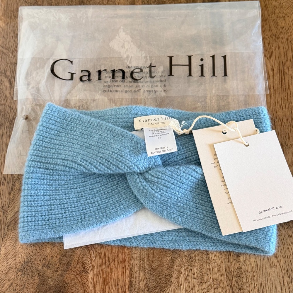 Garnet Hill Cashmere Headband Women OS Blue Ribbed Twist Knit Ear Warmer NEW